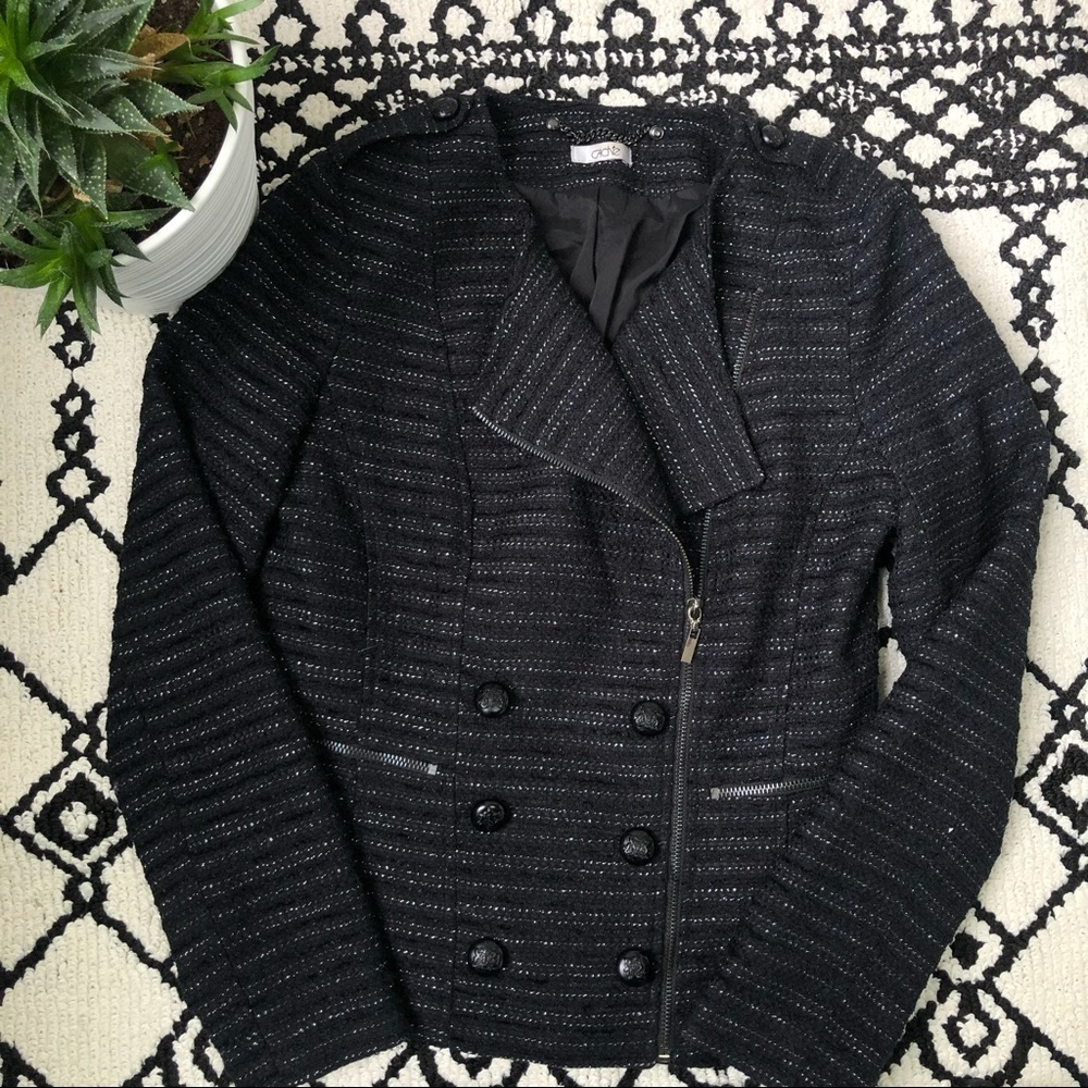 Cache Moto Style Blazer Jacket Metallic Thread Size 6 Black Tweed Military